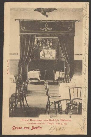 Ansichtskarte „Grand Restaurant von Rudolph Hohmann“, Oranienstraße