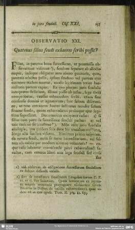 Observatio XXI. Quatenus filius feudi exhaeres scribi possit?