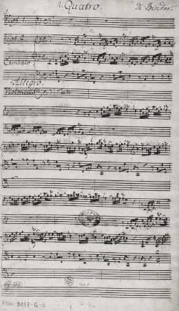 Quartett F-Dur für 2 Violinen, Violoncello und Cembalo : Quartett F-Dur für 2 Violinen, Violoncello und Cembalo. 1. Satz Allegro, 1. Notenseite der Partitur