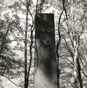 Schillerdenkmal : Schillerdenkmal. Sandstein (1859). Teilansicht mit Porträtmedaillon. Bad Schandau, oberhalb Kirnitzschtalstraße 87