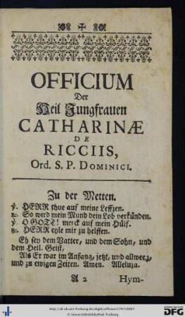 Officium Der Heil. Jungfrauen Catharinae De Ricciis, Ord. S. P. Dominici.