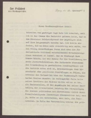 Schreiben von Walter Simons an Prinz Max von Baden; Einschätzung zum Münchener Dolchstoßprozess, mögliche Prüfung der Memorien des Prinzen Max durch Wilhelm Schüßler