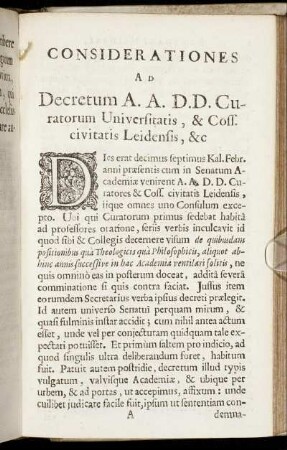 Considerationes Ad Decretum A. A. D. D. Curatorum Universitatis, & Coss. Civitatis Leidensis, &c