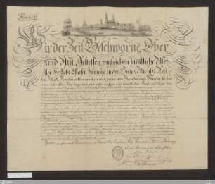 Abschrift : [Handwerksbrief, Glaser, Dresden, 1829]; Wir der Zeit Geschworne, Ober- und Mit-Aeltesten, ingleichen säm[m]tliche Meister der Löbl. Glaser-Innung in der Königl. Sächßl. ResidenzStadt Dresden ... fügen hiermit zu wissen, daß ... Julius Franz Reichelt ... um Ausfertigung eines Lehrbriefes in beglaubigter Form ... nachgesuchet hat. ... vorgedachter Julius Franz Reichelt aus Dresden, von unserem Mitmeister Carl Moritz Hänsch, als seinem gewesenen Lehrmeister ... losgesprochen worden. ... So geschehen und gegeben zu Dresden, im Quartal Reminiscere am 16.n Mart. Ein Tausend Acht Hundert und Neun und Zwanzig ...