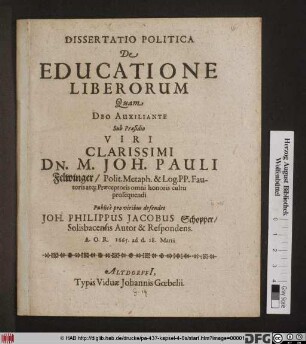 Dissertatio Politica De Educatione Liberorum