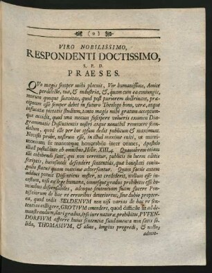 Viro Nobilissimo, Respondenti Doctissimo, S. P. D. Praeses