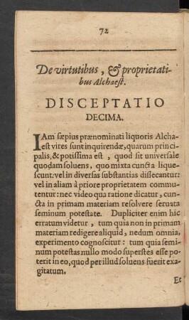 De virtutibus, Et proprietatibus Alchaest. Disceptatio Decima.
