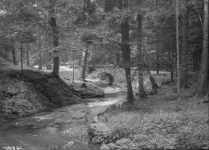 Dresdner Heide, Prießnitz : Dresdner Heide, Brücke über die Prießnitz am sogenannten Wasserfall bei Klotzsche, Blick flußaufwärts