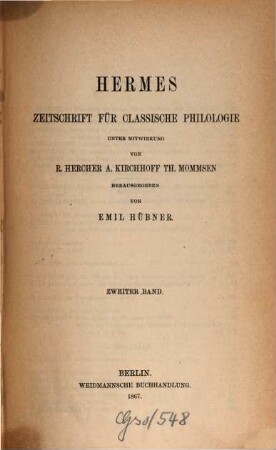 Hermes : Zeitschrift für klassische Philologie. 2, 2. 1867