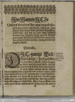 Leichenpredigt : Christliche Leichen-Predigt. Vorrede. Leichen-Text. Eingang. Resurrectio Christiani laetifica. Visio Dei beatifica