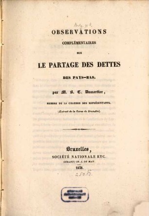 Observations complementaires sur les partage des dettes de Pays-Bas