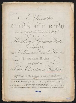 A seventh concerto with the favorite air "gramachree Molly" for a hautboy or German flute, accompanied by two violins, two French horns, tenor and bass