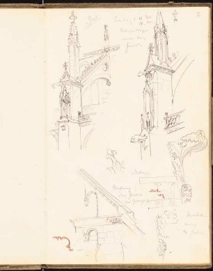 Skizzenbuch 1901: Strebepfeiler und Details einer Kirche in Freiburg, perspektivische Ansichten