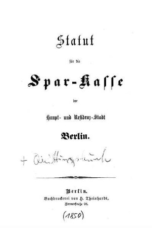 Statut für die Spar-Kasse der Haupt- und Residenz-Stadt Berlin