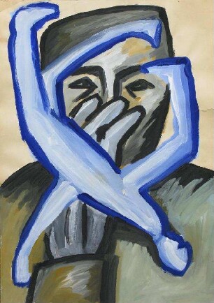 Brustbild versteckt hinter blauer Umrandung