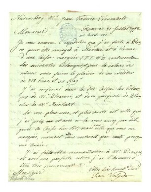 Brief mit einer Abrechnung an Johann Friedrich Frauenholz