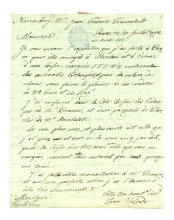 Brief mit einer Abrechnung an Johann Friedrich Frauenholz