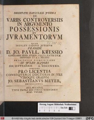 Dissertatio Inavgvralis Jvridica De Variis Controversiis In Argvmento Possessionis Et Jvramentorvm