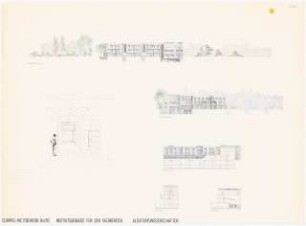 Institut für Altertumswissenschaften für die FU Berlin-Dahlem Schinkelwettbewerb 1985: Perspektivische Innenansicht, Nord-West Ansicht, Nord-Ost Ansicht, 3 Schnitte