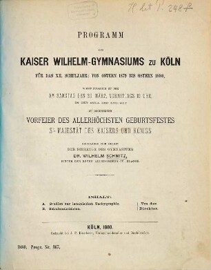Programm des Königlichen Kaiser-Wilhelm-Gymnasiums zu Köln : ... Schuljahr von Ostern ... bis Ostern .... 1879/80 = 12
