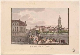 Das Seetor in Dresden kurz vor dessen Demolierung 1812, Blick nach Norden in die Seestraße, links das spätere Ministerium des Inneren, rechts der Turm der Kreuzkirche