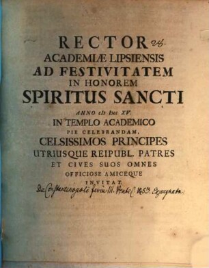 Rector Academiae Lipsiensis ad festivitatem in honorem Spiritus Sancti ... celebrandam ... invitat : [Disseritur de Constantinopoli feria III. Pentec. 1453. expugnata]