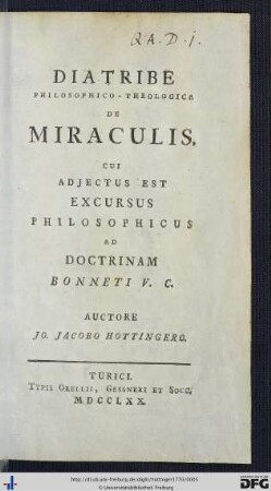 Diatribe Philosophico-Theologica De Miraculis