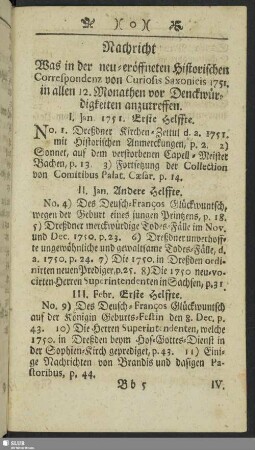Nachricht Was in der neu-eröffneten Historischen Correspondenz von Curiosis Saxonicis 1751. in allen 12. Monathen vor Denckwürdigkeiten anzutreffen