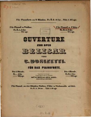 Ouverture : zur Oper Belisar ; für Pianoforte & Flöte