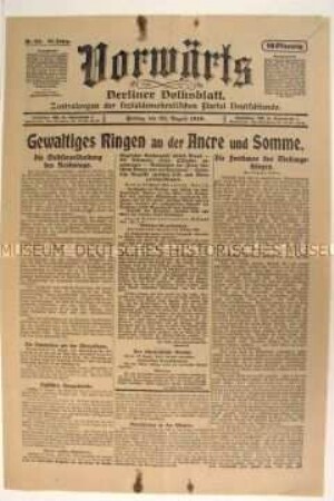 Zentralorgan der SPD "Vorwärts" zu den Kämpfen an der Westfront