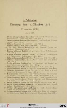 I. Auktionstag: Dienstag, den 17. Oktober 1916 (Nr. 1-372)