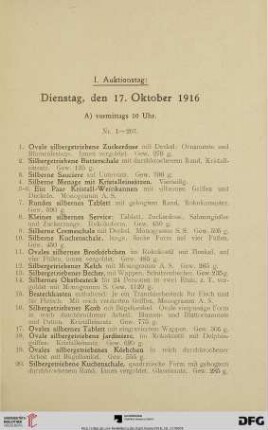I. Auktionstag: Dienstag, den 17. Oktober 1916 (Nr. 1-372)