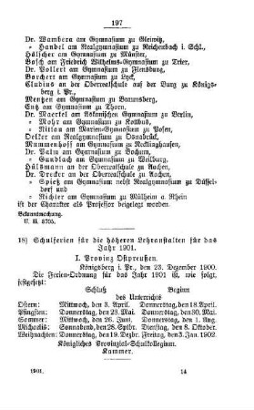 Schulferien für die höheren Lehranstalten für das Jahr 1901 : [D. Höhere Lehranstalten]