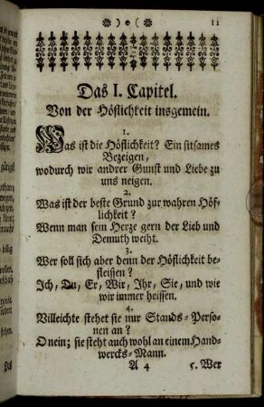 Das I. Capitel. Von der Höflichkeit insgemein. - Das V. Capitel. Wie sich ein Schüler nach der Schule auf dem Schul- Wege höflich aufzuführen.