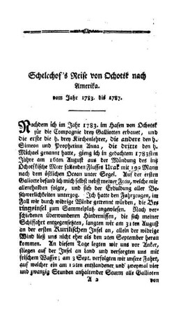 Schelechof's Reise von Ochotsk nach Amerika. Vom Jahr 1783 bis 1787