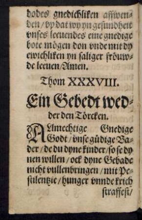 Thom XXXVIII. Ein Gebedt wedder den Törcken.