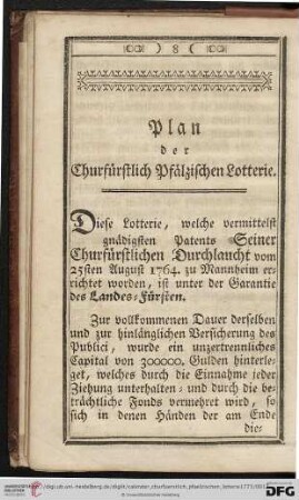 Plan der Churfürstlich Pfälzischen Lotterie