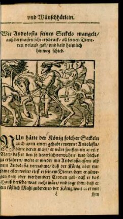Wie Andolosia seines Seckels mangelt/ auß der massen sehr erschrack/ all seinen Dieneren urlaub gab/ und bald heimlich hinweg schied.