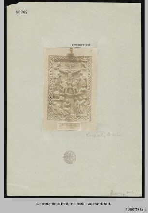 Wiederverwendetes Consulardiptychon mit Kreuzigung Christi mit Maria, Johannes, Stephaton und Longinus und den Marien am Grab Christi