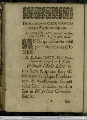 De Excellentia Geneseos ejusque IV. priorum Capitum