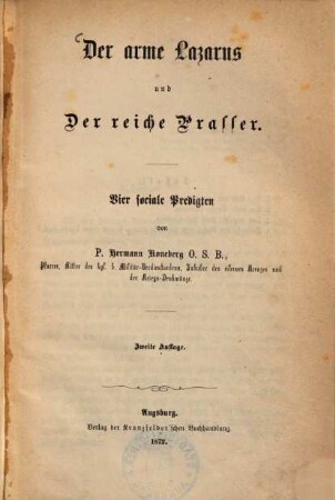 Der arme Lazarus und Der reiche Prasser : vier sociale Predigten