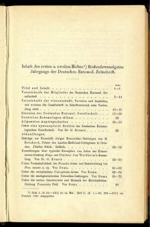 Inhalt des ersten u. zweiten Heftes fünfundzwanzigsten Jahrgangs der Deutschen Entomol. Zeitschrift