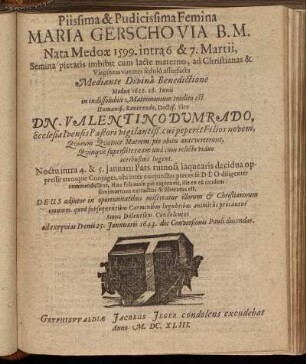 Piissima & Pudicissima Femina Maria Gerschovia B. M.