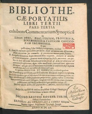 3,3: ... exhibens Commentarium Synopticu[m] in Librum Jobi, Psalterium, Proverbia, Ecclesiasten & Canticum Canticorum Salomonis