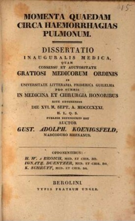 Momenta quaedam circa haemorrhagias pulmonum : Diss. inaug. med.