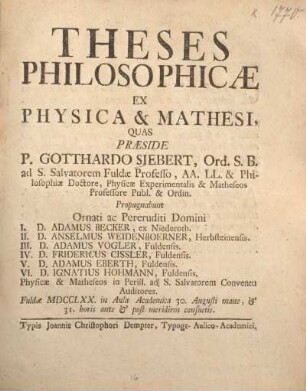 Theses philosophicae ex physica & mathesi