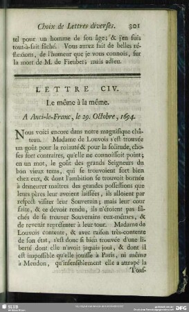Lettre CIV. Le même à la même. A Anci-le-Franc, le 29. Octobre, 1694