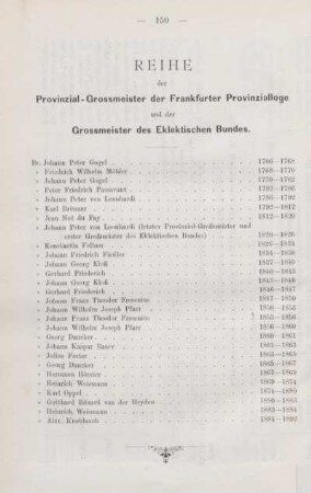 Reihe der Provinzial-Grossmeister der Frankfurter Provinzialloge und der Grossmeister des Eklektischen Bundes.