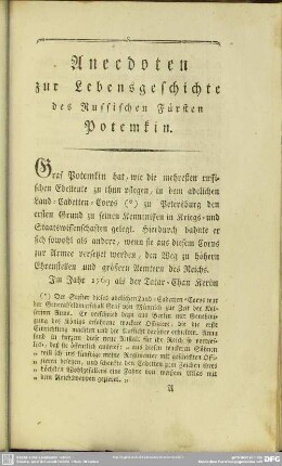 Anecdoten zur Lebensgeschichte des Russischen Fürsten Potemkin