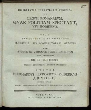 Dissertatio Inauguralis Iuridica De Legum Romanarum, Quae Politiam Spectant, Usu Hodierno